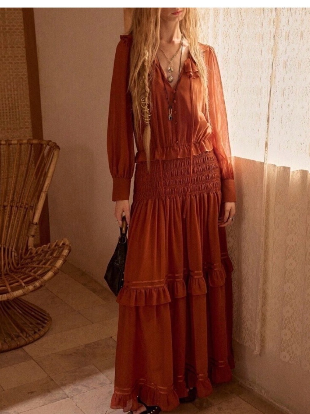 Rust Brown Ruffle Collar Smocked Maxi Dress - Picture 5 of 7